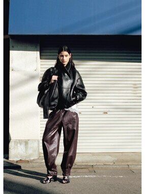 MANGO SELECTION LEATHER BOMBER JACKET WITH WRAPAROUND COLLAR